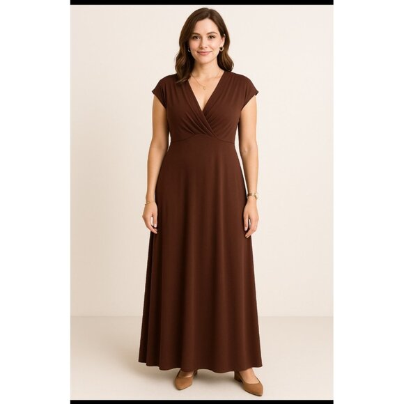 Focus Size 14 V-Neck Business Stylist Casual Sleeveless Maxi Dress Brown - Picture 2 of 13